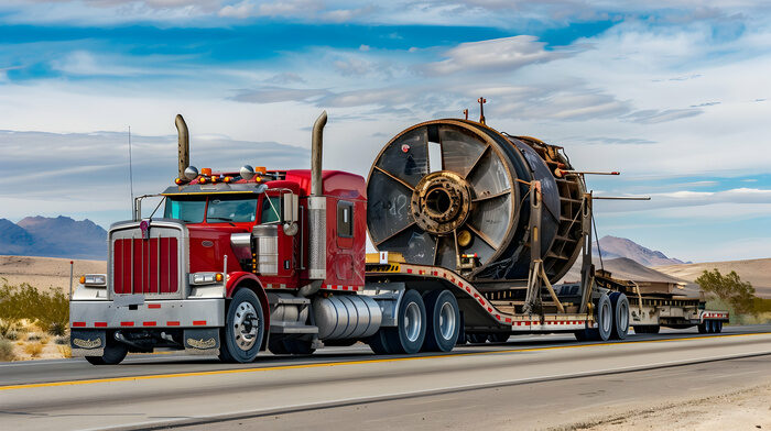 A flatbed truck hauling heavy equipment, a machinery