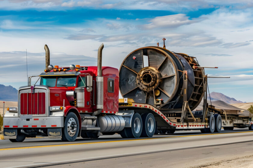 A flatbed truck hauling heavy equipment, a machinery